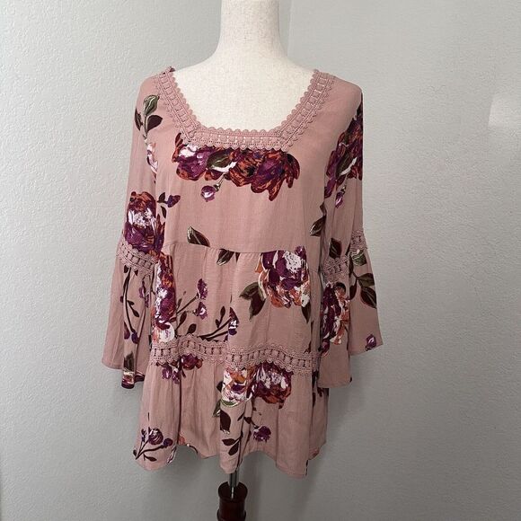 Oddi Womens Tunic Size Small Floral Boho NWT Pink Square Neck Bell Sleeve - Picture 1 of 10